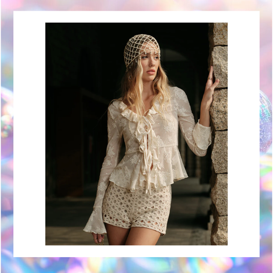 Semi Sheer Lace Floral Raffle Tie Top - Commense
