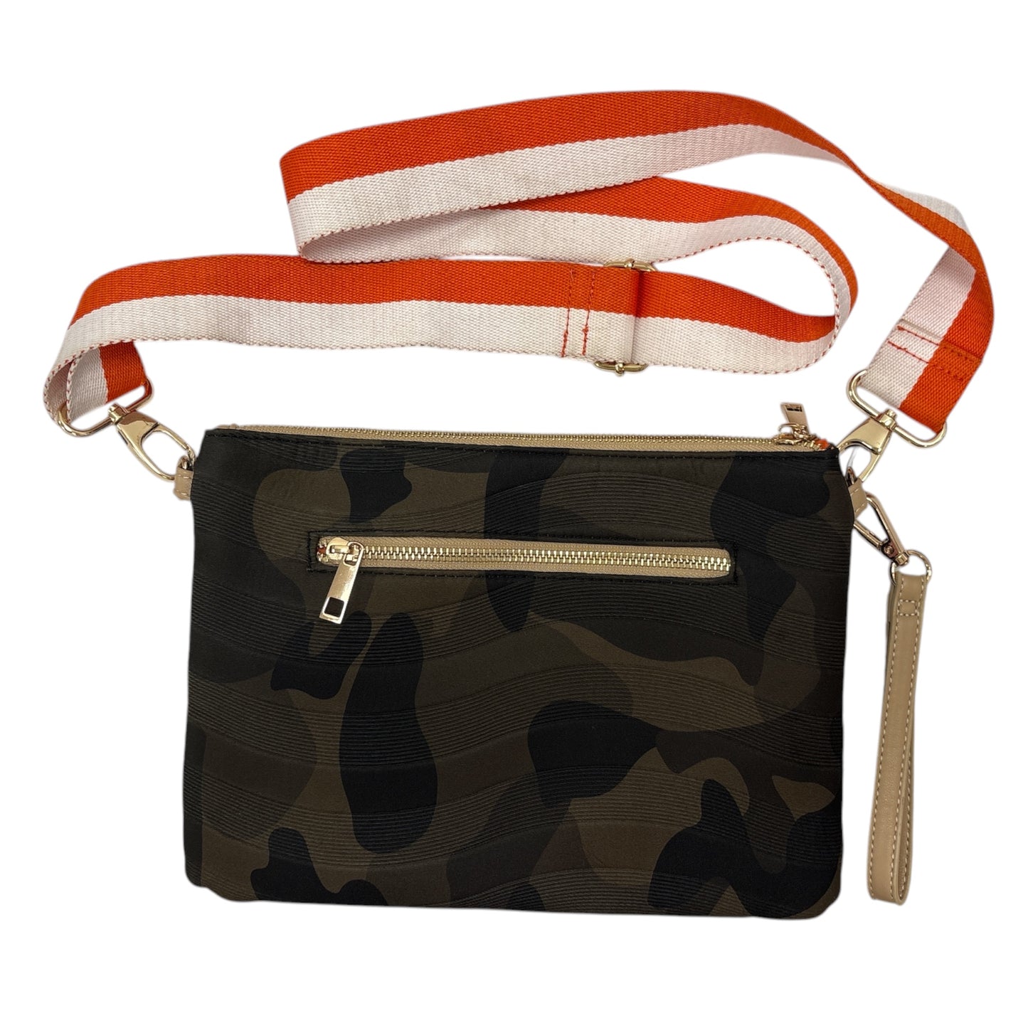 SR Squared by Sondra Roberts Camo Crossbody Bag with Bonus Wristlet Strap | Orange Lining | Gold Hardware