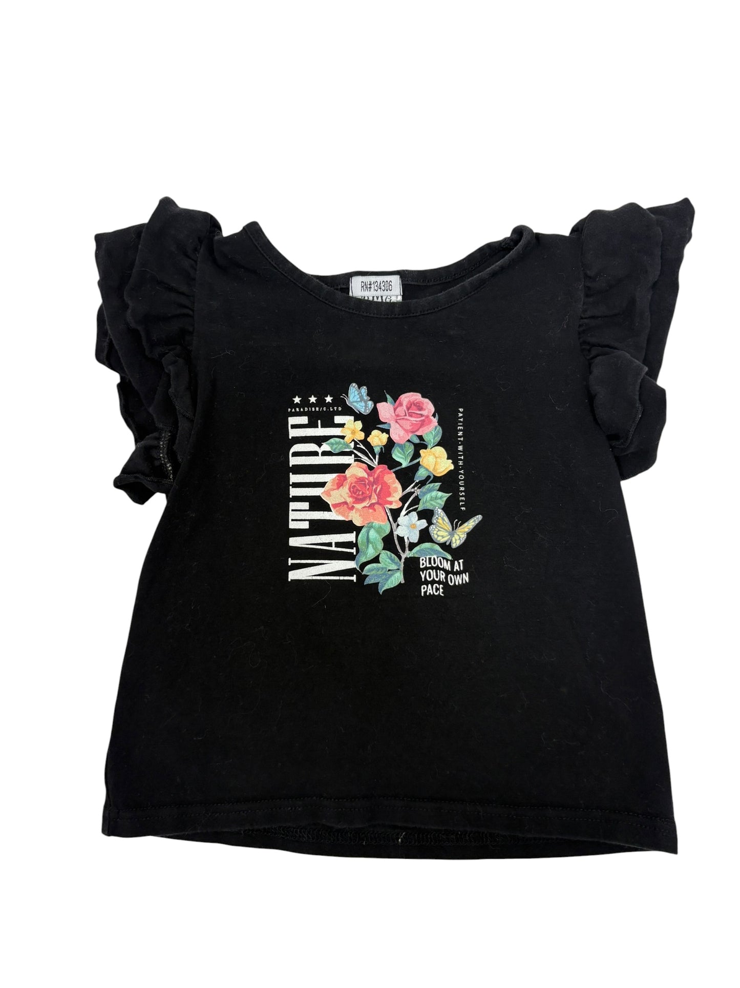 Girls Black Floral Graphic Tee Size 5Y Ruffle Sleeve Nature Print