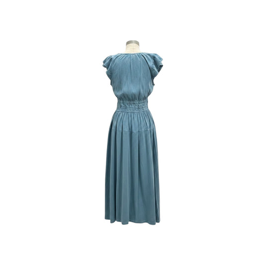 Treasure Bond Teal Chambray-Wash Organic Cotton Midi Dress Ruched Waist Cap Sleeve Size M - NWOT