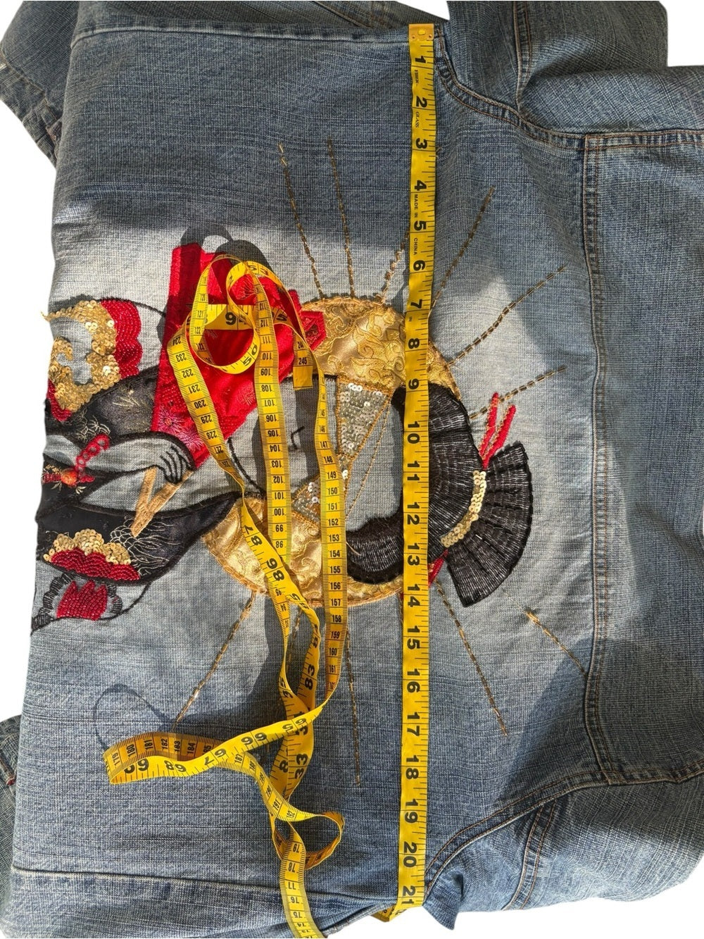 Vintage Chico’s Designed Denim Jacket Sequin Geisha Embroidery Appliqué US 8-10
