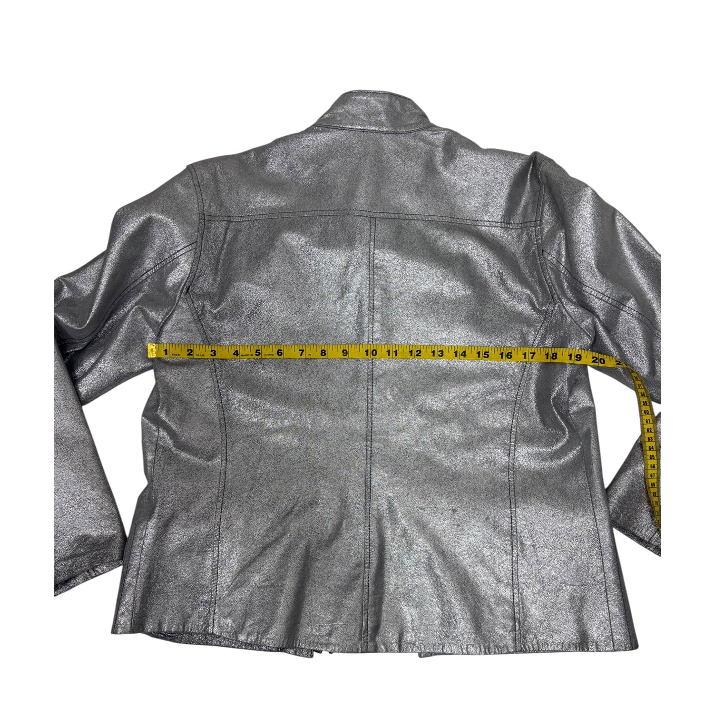 Chico’s Genuine Leather Metallic Silver Moto Jacket Size 1 (Medium 8) Crackle Preloved