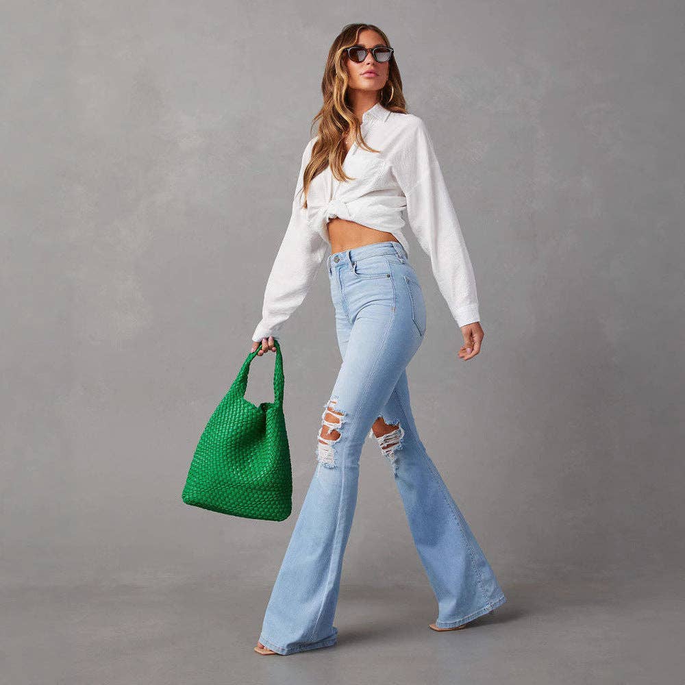 High Waist Distressed Denim Flare Pants for Women