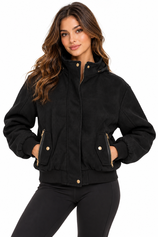 Fur hoodie with warm lining suede leather bomber jacket