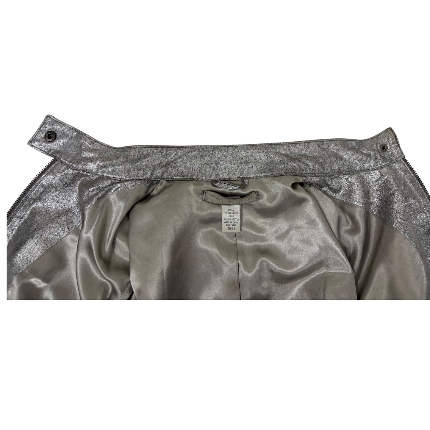 Chico’s Genuine Leather Metallic Silver Moto Jacket Size 1 (Medium 8) Crackle Preloved