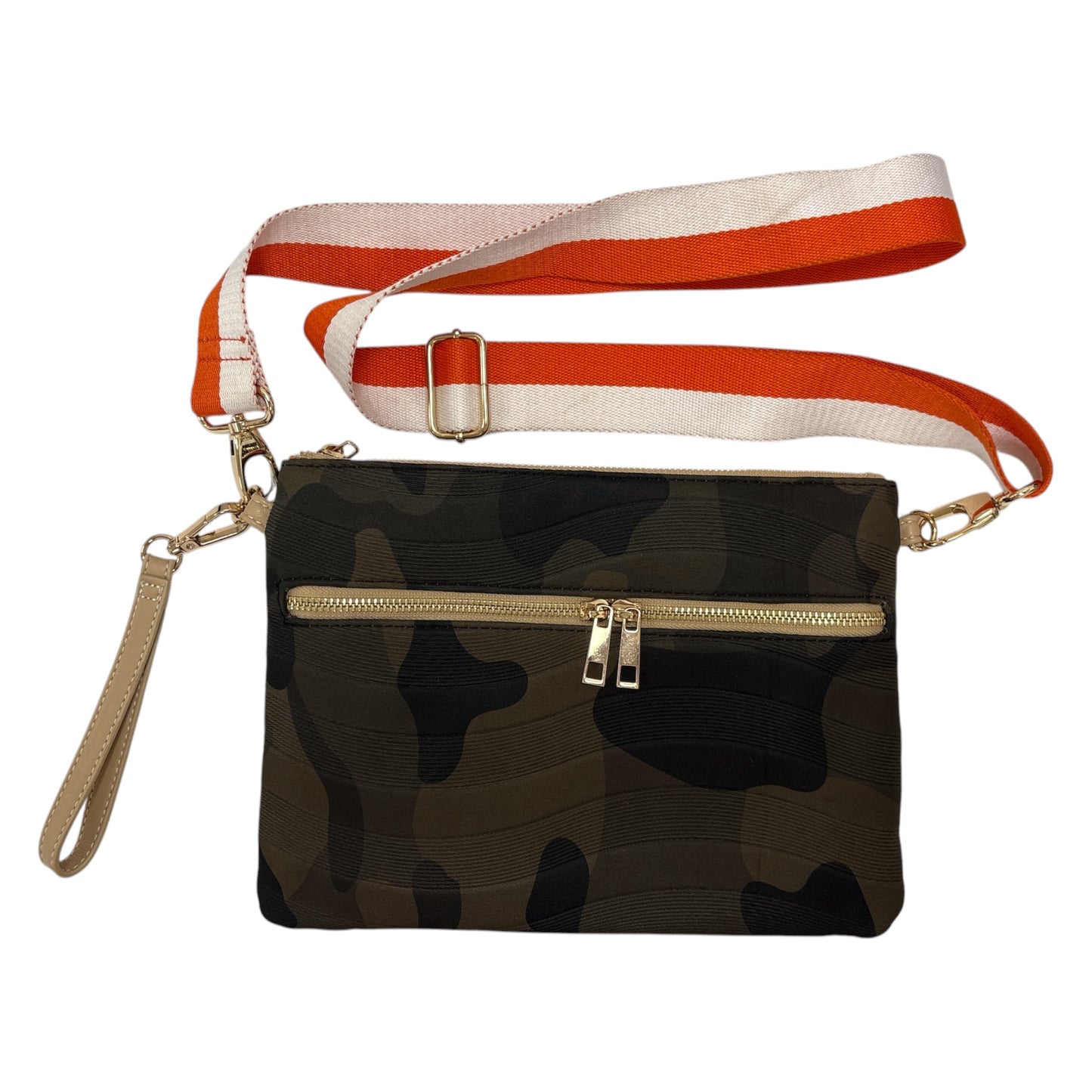 SR Squared by Sondra Roberts Camo Crossbody Bag with Bonus Wristlet Strap | Orange Lining | Gold Hardware