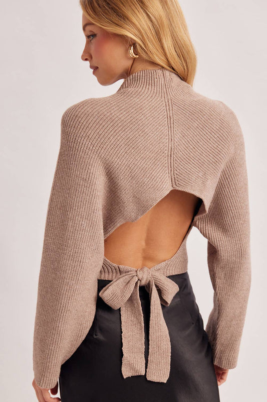 MOCK NECK OPEN BACK RIBBED KNIT TIE SWEATER TOP