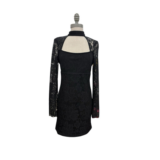 Bebe Black Floral Lace Mini Dress Women's S Long Sleeve Keyhole Back Bodycon NWT