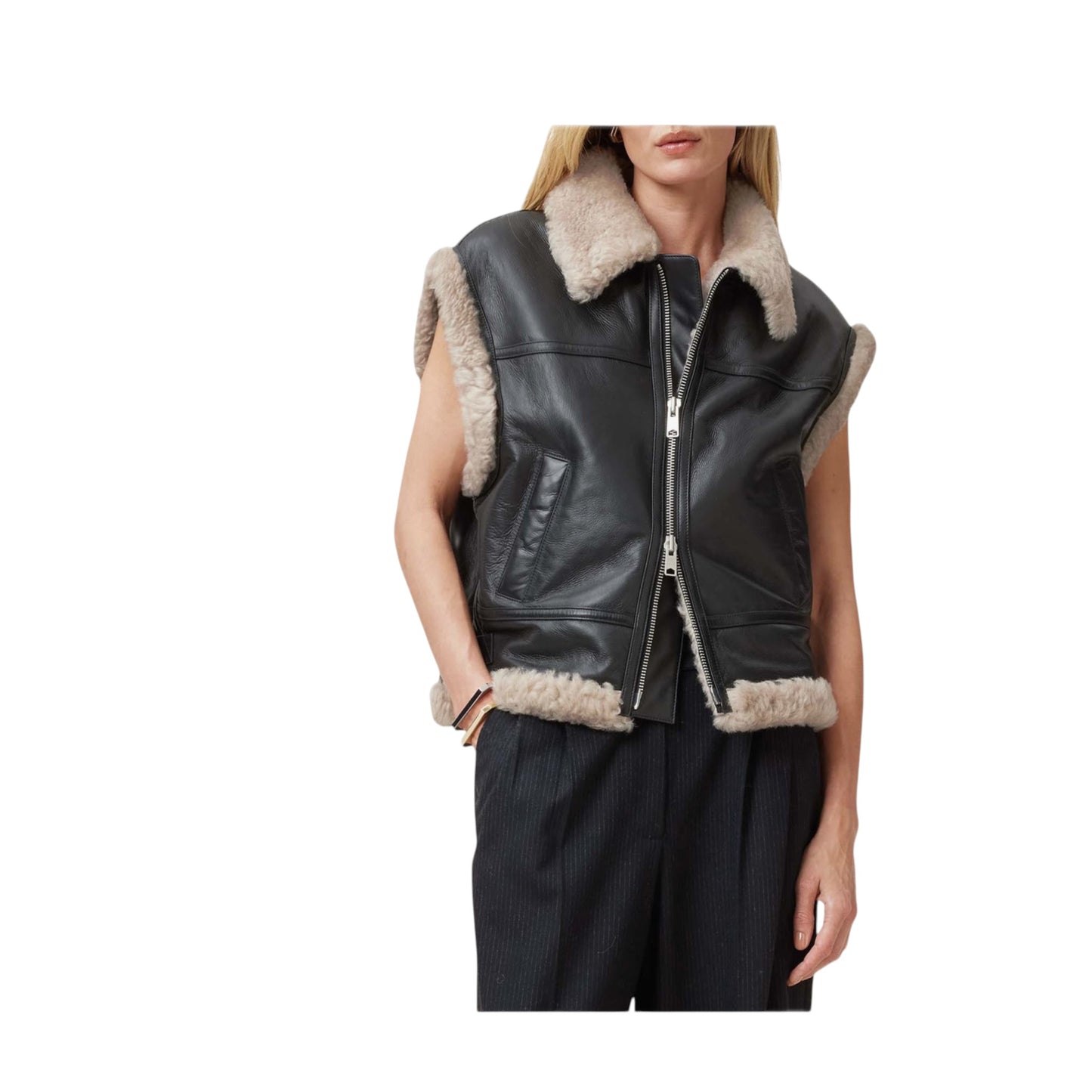 AllSaints Zep Genuine Shearling Moto Vest Size S