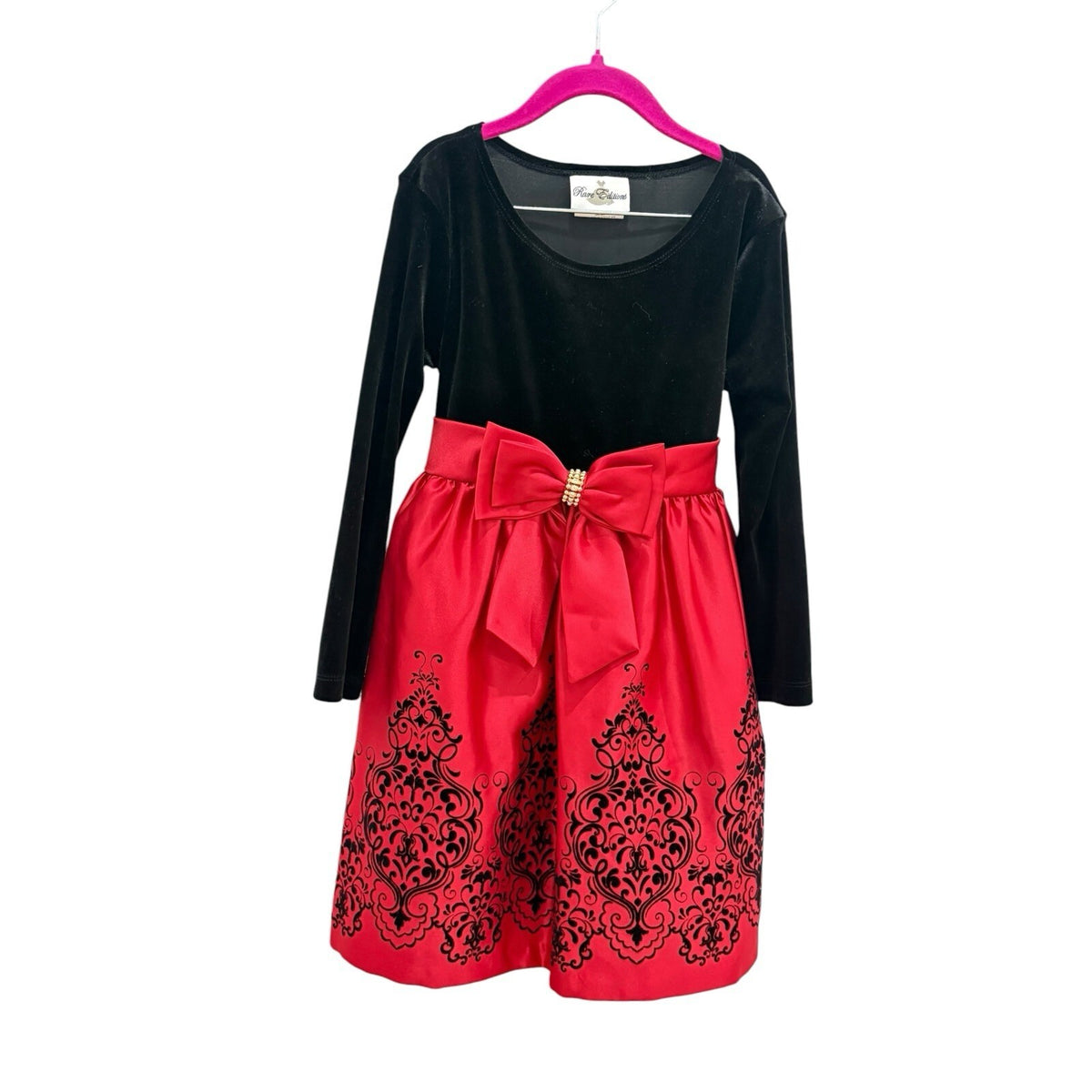 Rare Editions Girls Sz 5 Black Velvet Red Damask Bow Holiday Christmas Dress Preloved