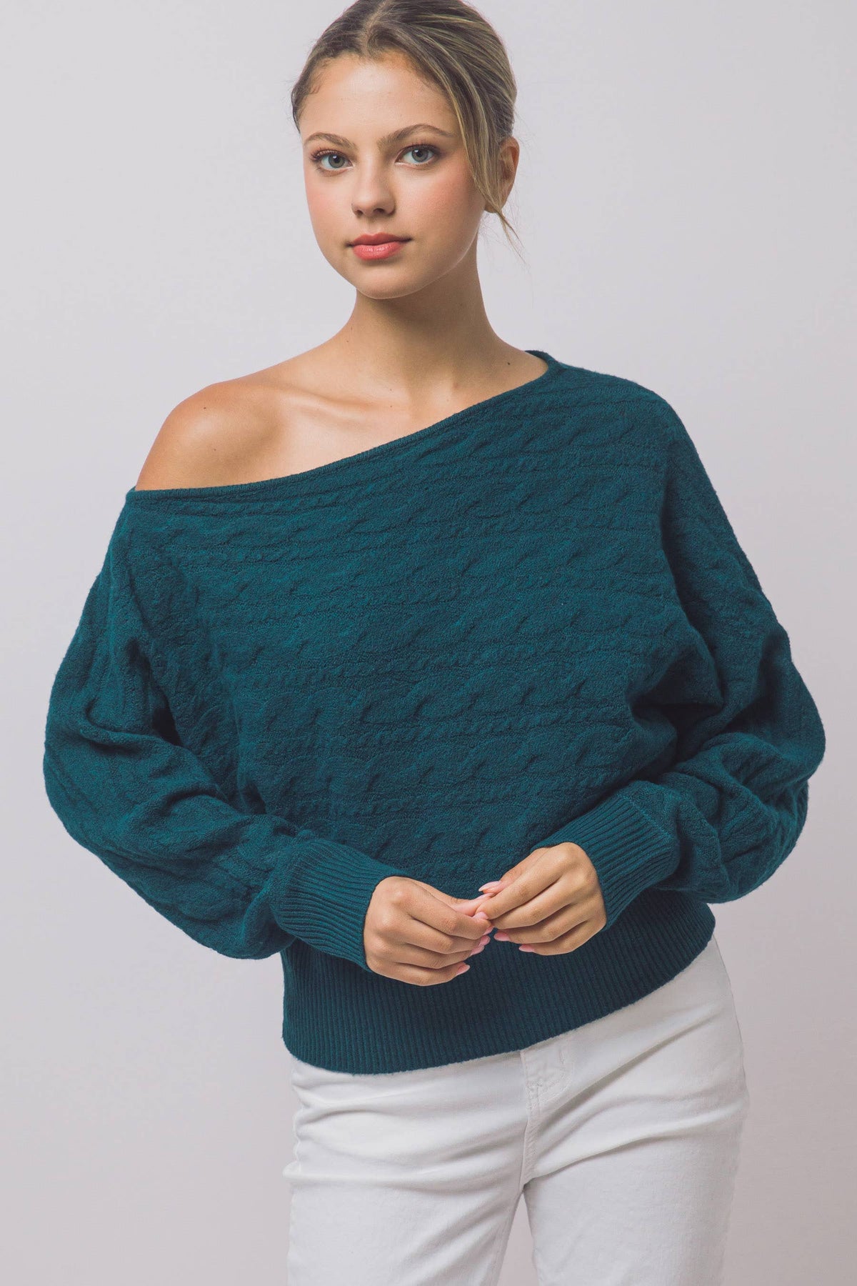 Asymmetric Cable-Knit Off-Shoulder