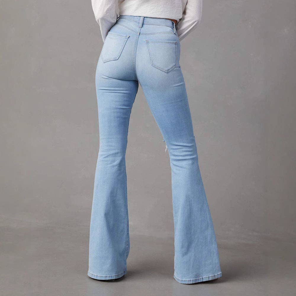 High Waist Distressed Denim Flare Pants for Women