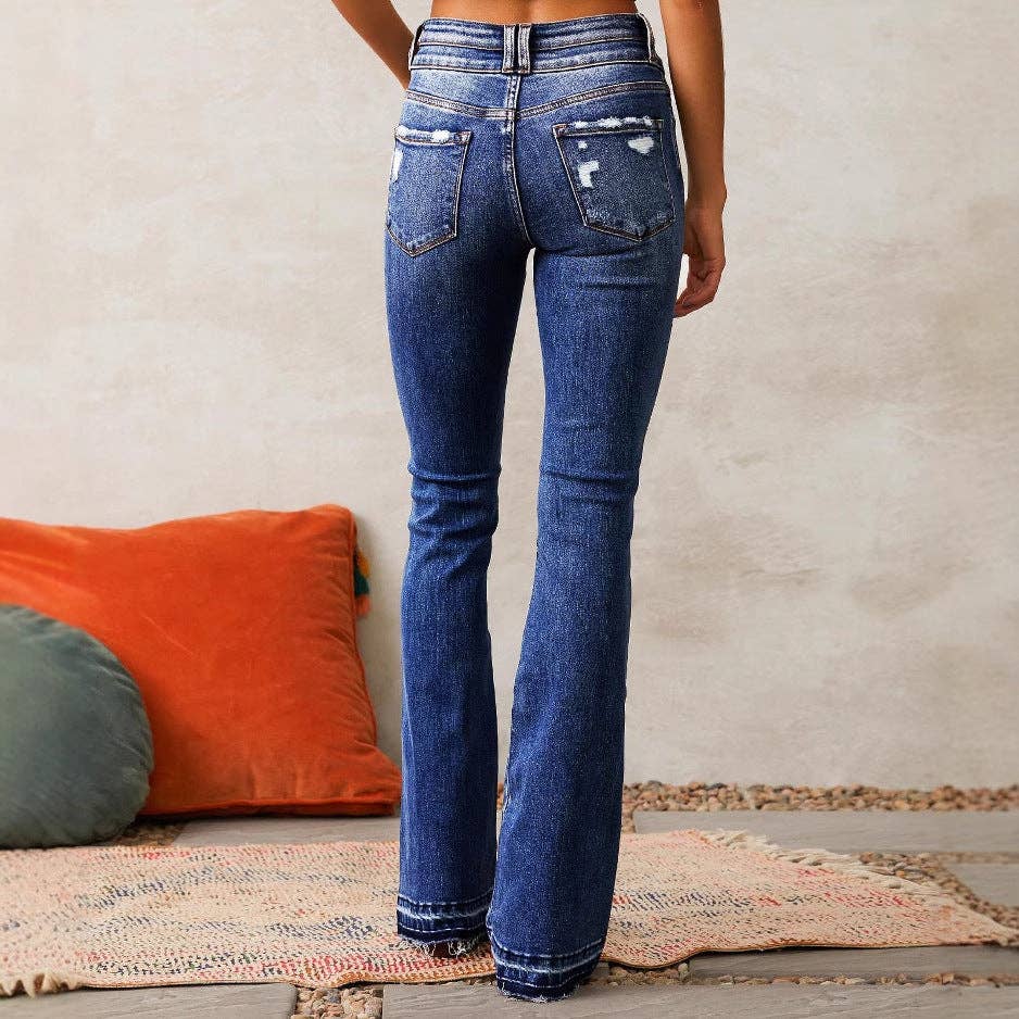 Vintage Ripped Denim Jeans for Women Wash Street Style Flared Pants