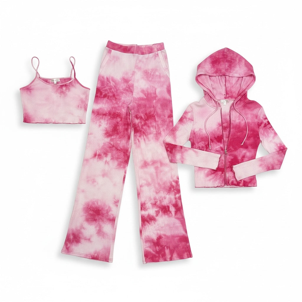 Rosevelvet Women’s Tie Dye Set With Long Sleeve Cardigan, Crop Top & Wide Leg Pants Size S, M, L - NWT