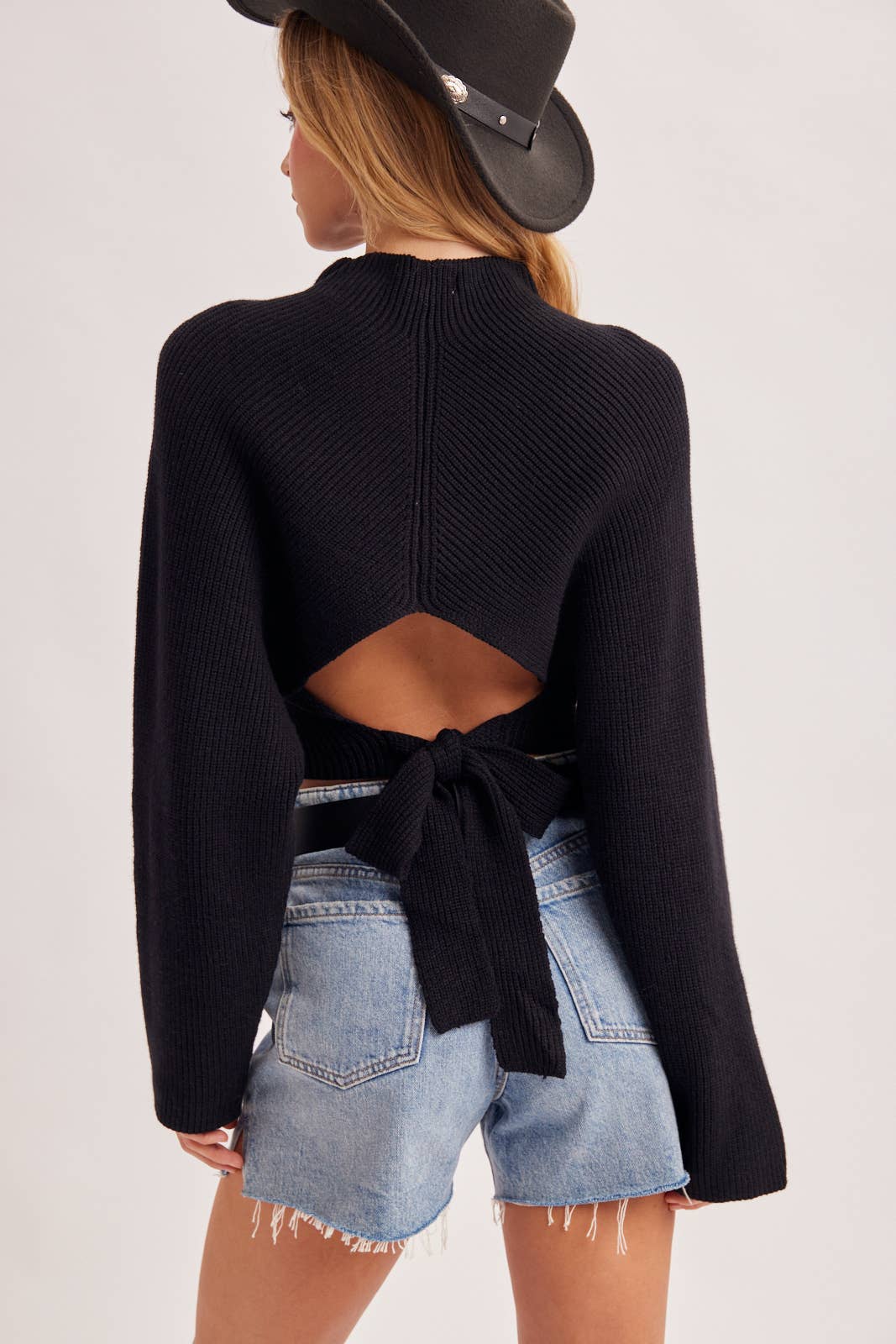 MOCK NECK OPEN BACK RIBBED KNIT TIE SWEATER TOP