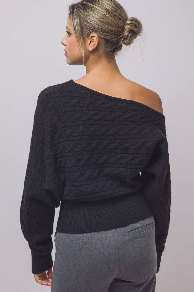 Asymmetric Cable-Knit Off-Shoulder