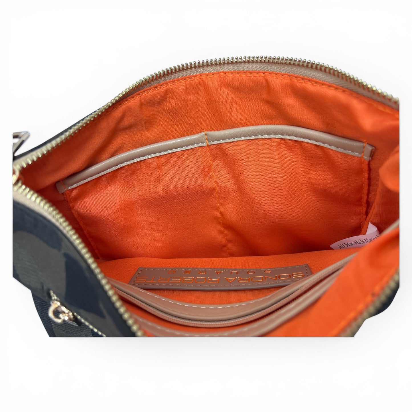 SR Squared by Sondra Roberts Camo Crossbody Bag with Bonus Wristlet Strap | Orange Lining | Gold Hardware