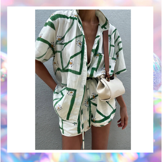 Print Drawstring Shorts Set- Commense