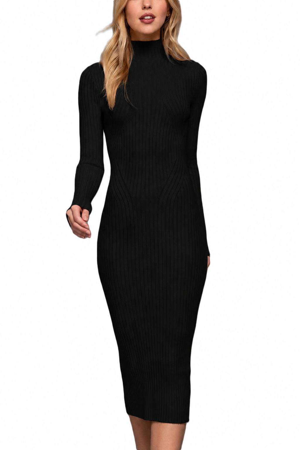 Long Slv High Neck Sweater Long Dress