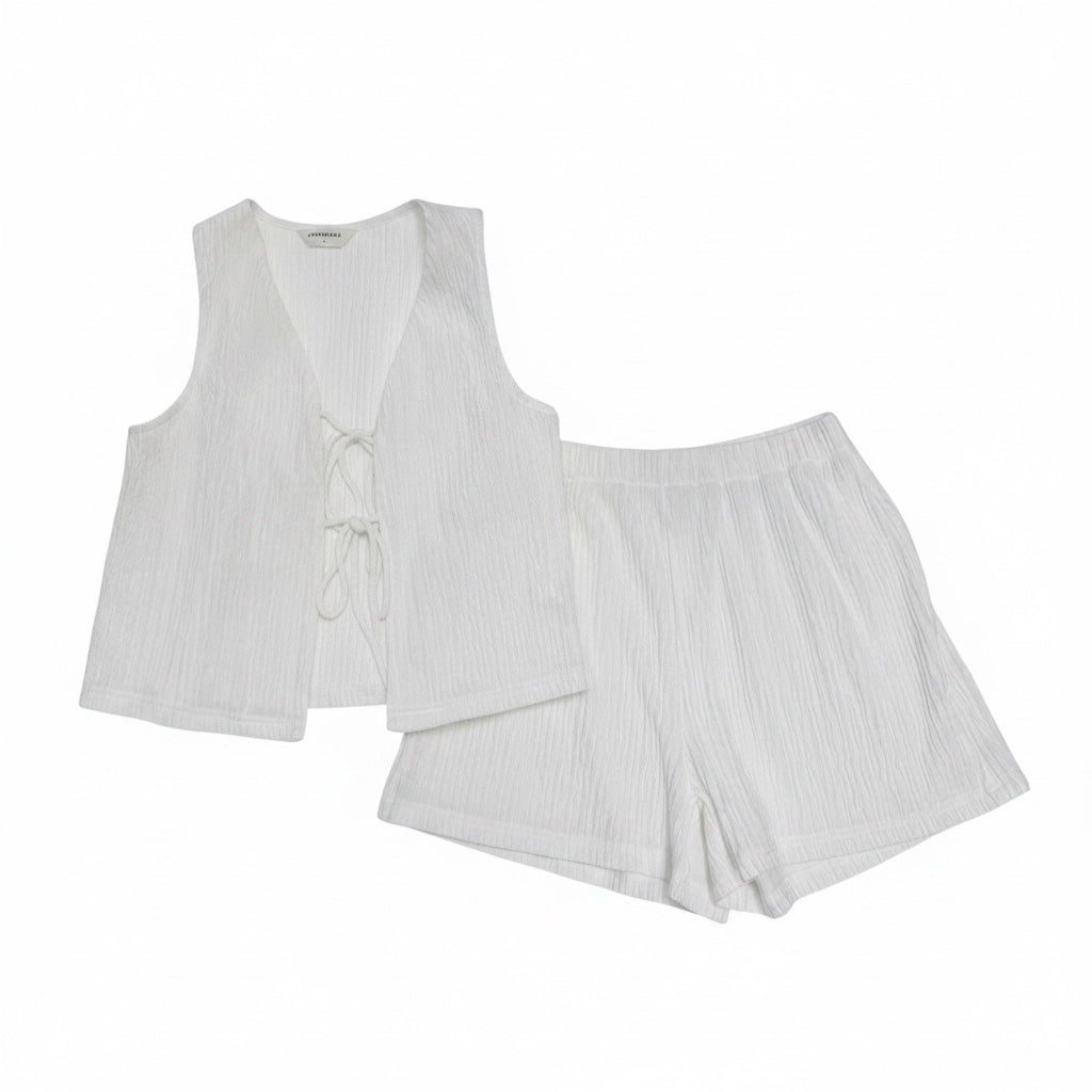 Solid Tie Front Vest With Shorts Set - Commense Size S