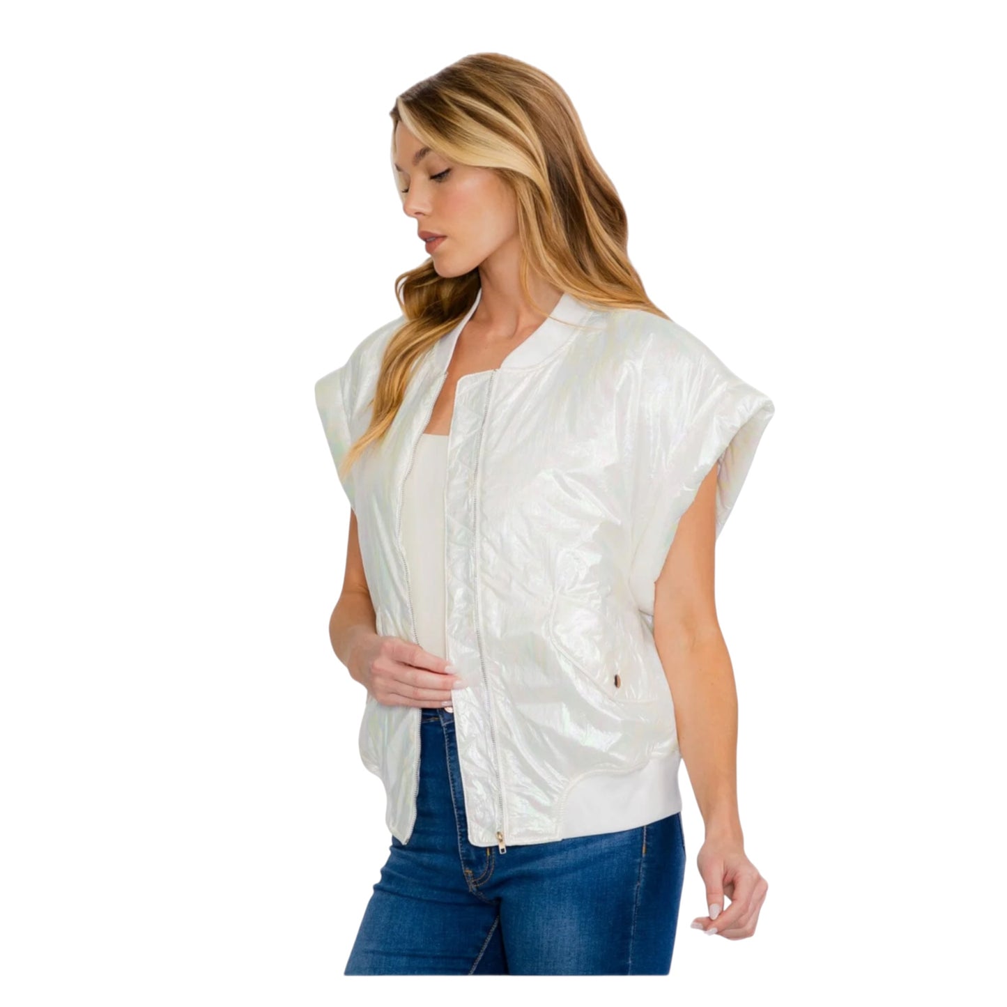 Fantastic Fawn - WOMEN'S SLEEVELESS ZIP UP FRONT POCKETS METALLIC VEST