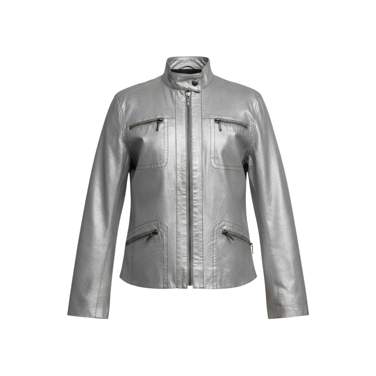 Chico’s Genuine Leather Metallic Silver Moto Jacket Size 1 (Medium 8) Crackle Preloved