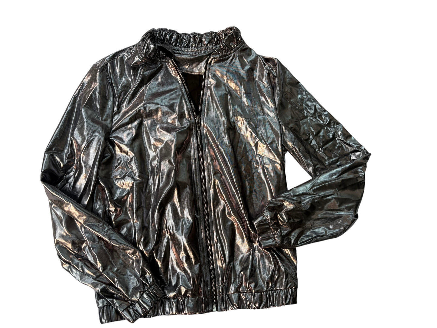Metallic Gunmetal Silver Zip-Up Jacket Women’s XS Futuristic Windbreaker Moto Style - Preloved