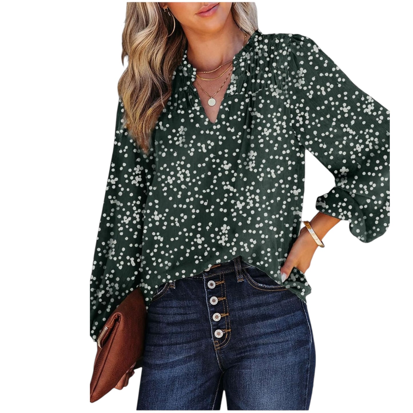 Dokotoo Bohemian Floral Top Green V-Neck Long Sleeve Botton Down Blouse