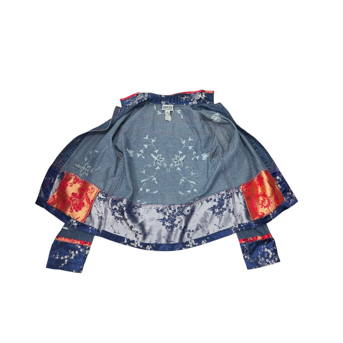 Vintage Chico’s Design Denim Jacket Size 0 (S-4) Asian Floral Embroidered Brocade Trim 90s