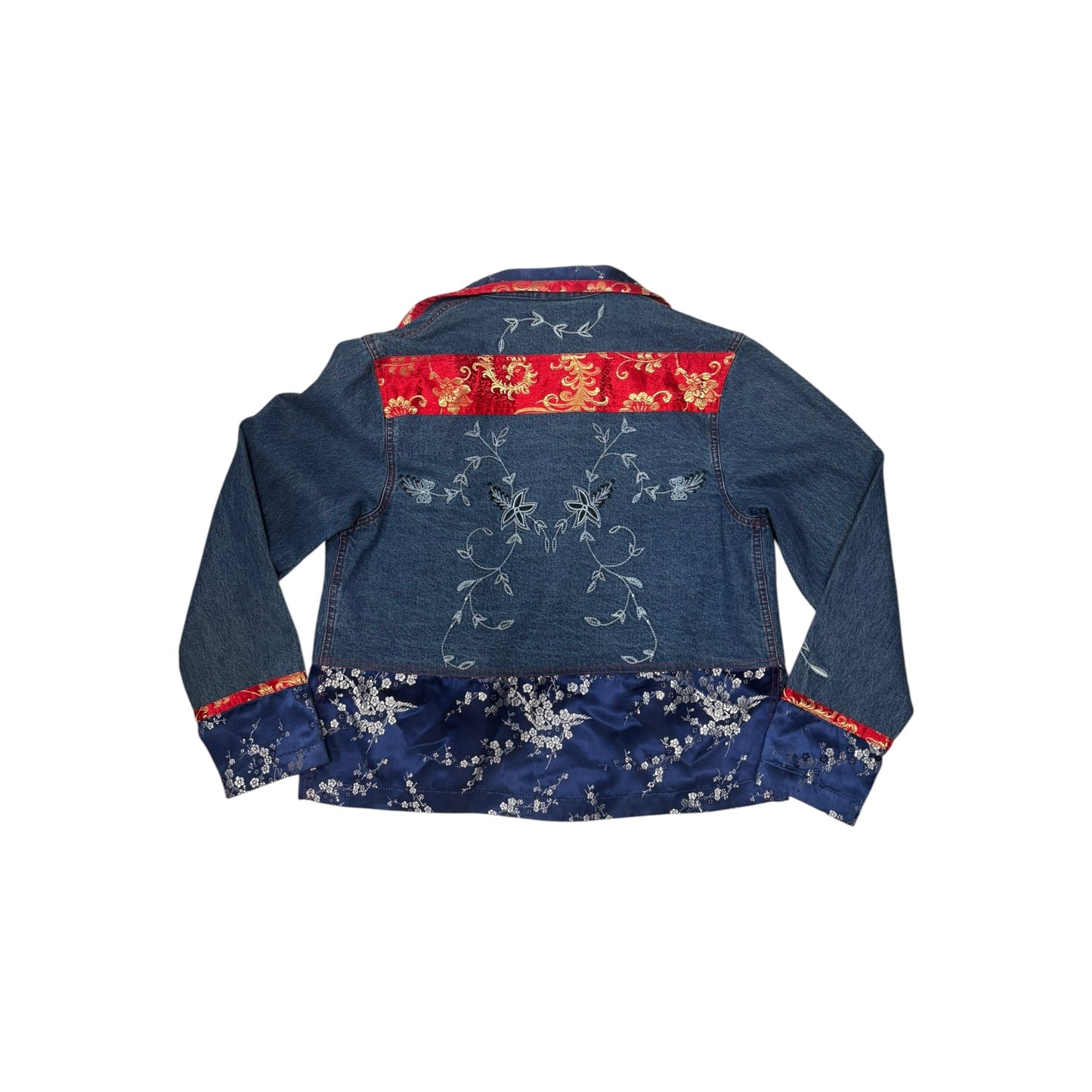 Vintage Chico’s Design Denim Jacket Size 0 (S-4) Asian Floral Embroidered Brocade Trim 90s