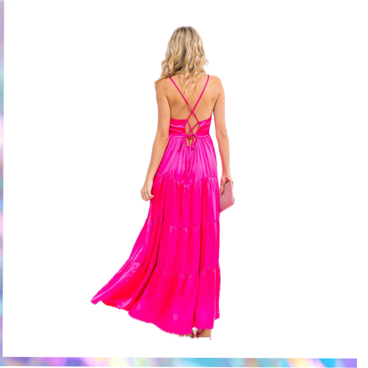 Strut & Bolt WOMEN'S FUCHSIA SLEEVELESS V-NECK OPEN BACK TIERED MAXI DRESS