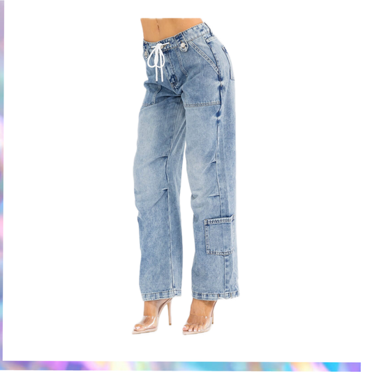 1030 Tenthirty-WOMEN'S BUTTON CLOSURE SELF TIE WASHED DENIM WIDE LEG PANTS