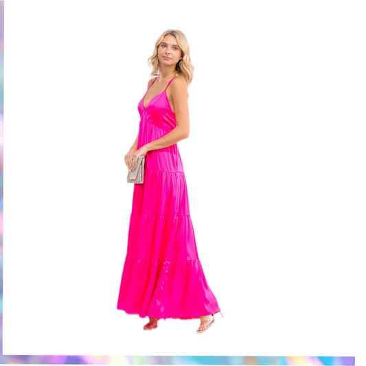 Strut & Bolt WOMEN'S FUCHSIA SLEEVELESS V-NECK OPEN BACK TIERED MAXI DRESS