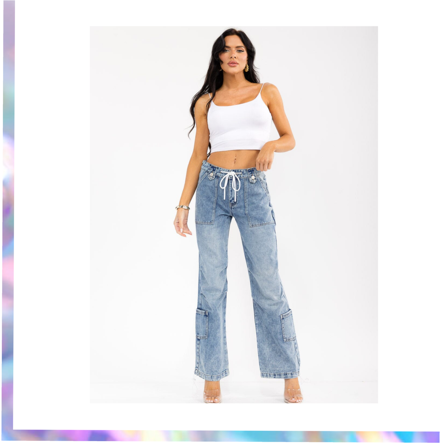 1030 Tenthirty-WOMEN'S BUTTON CLOSURE SELF TIE WASHED DENIM WIDE LEG PANTS