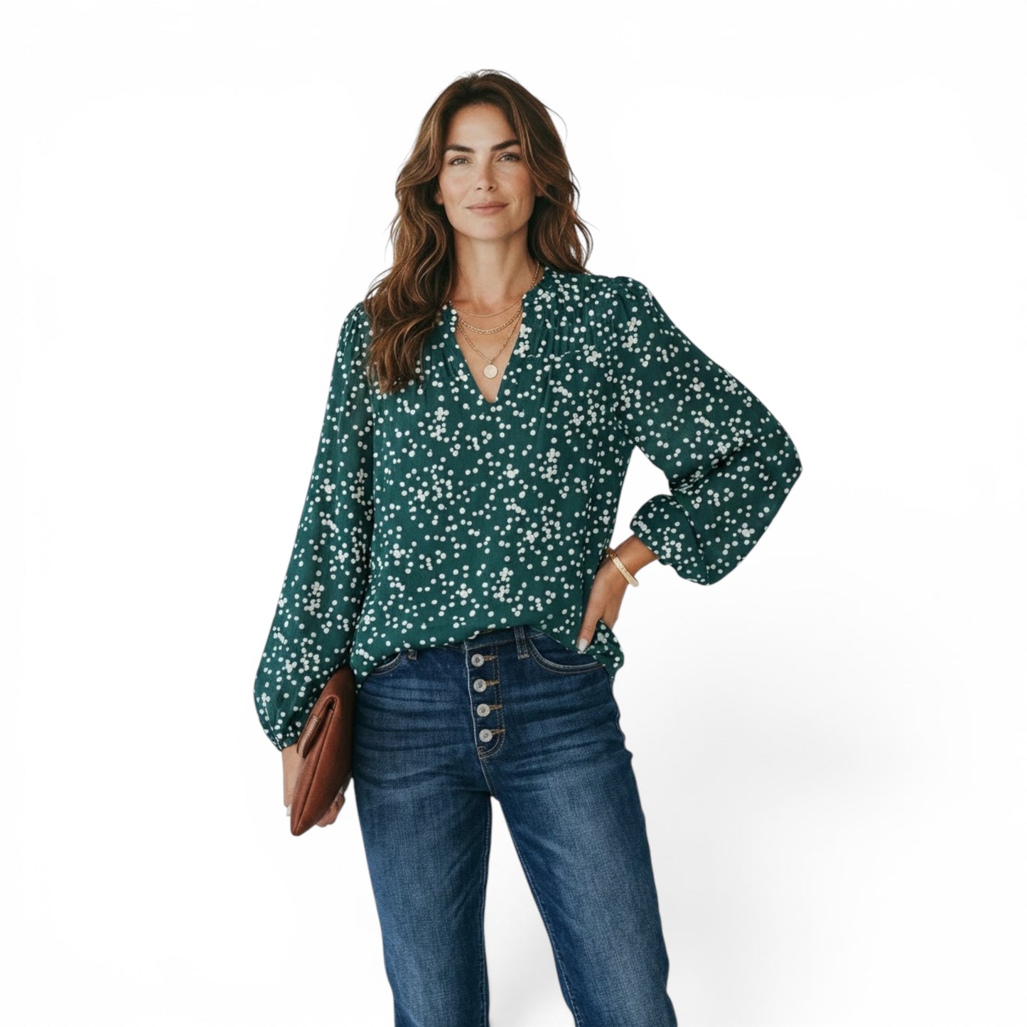 Dokotoo Bohemian Floral Top Green V-Neck Long Sleeve Botton Down Blouse
