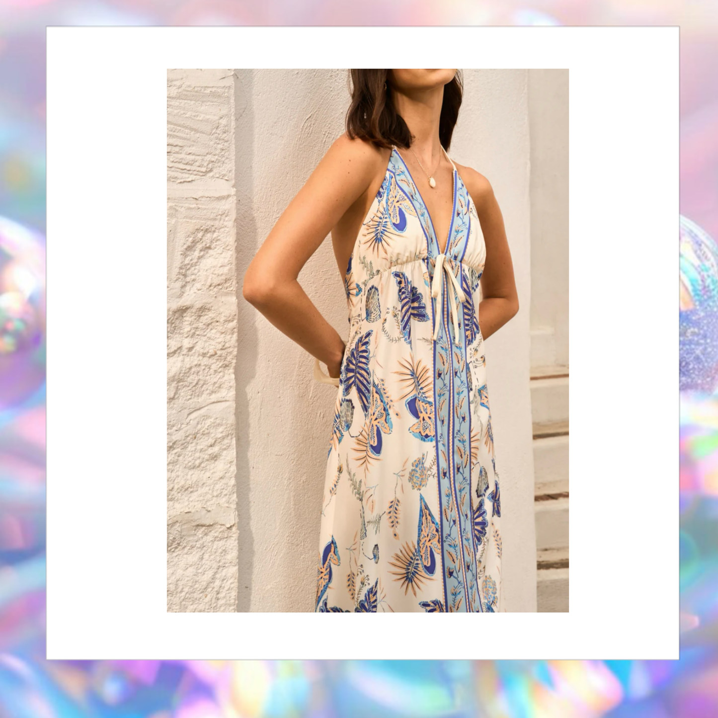 Halter Neck Floral Print Dress - Commense