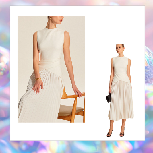 Off White Pleated Dress - Commense