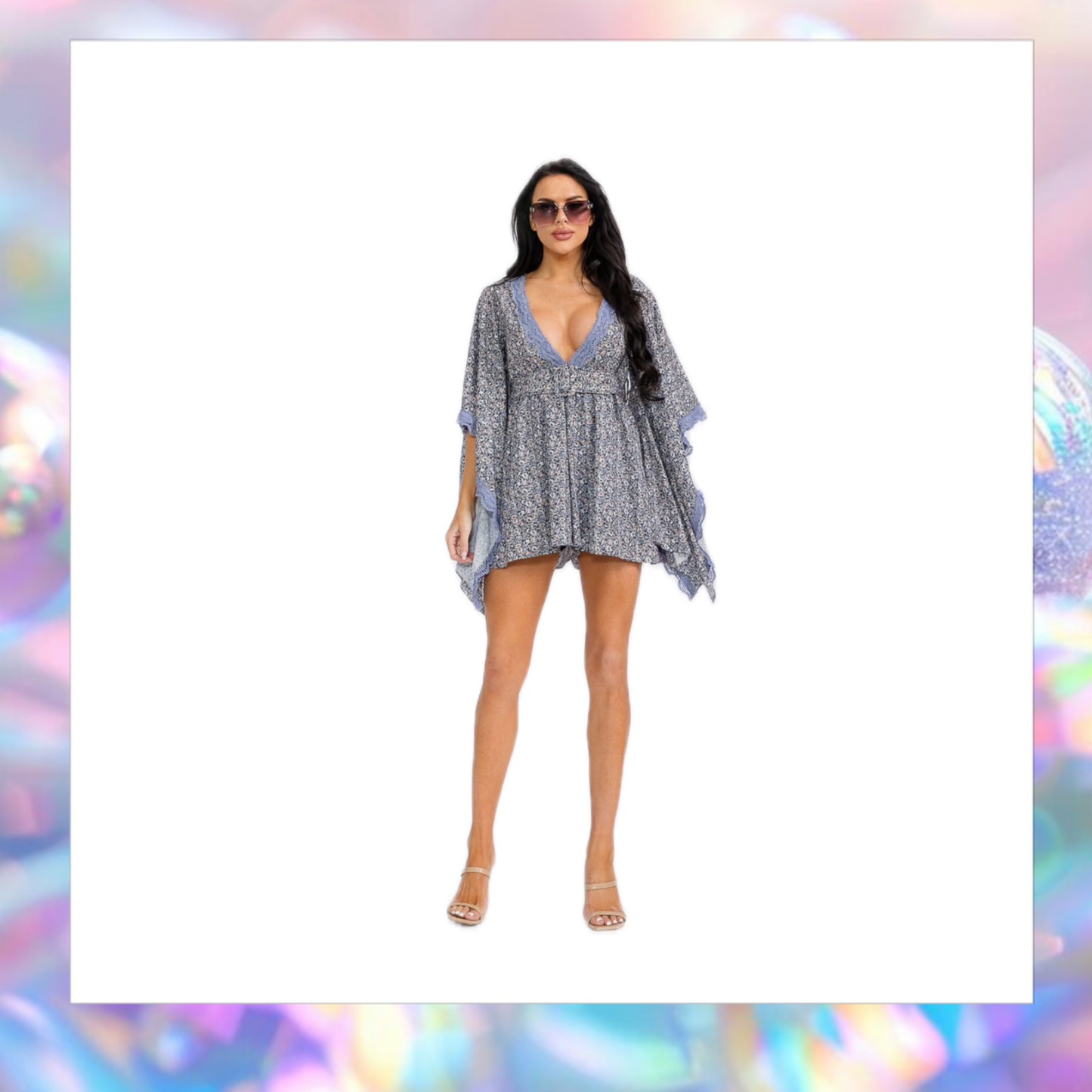 Short Bell Sleeves V-neck Belted Floral Romper