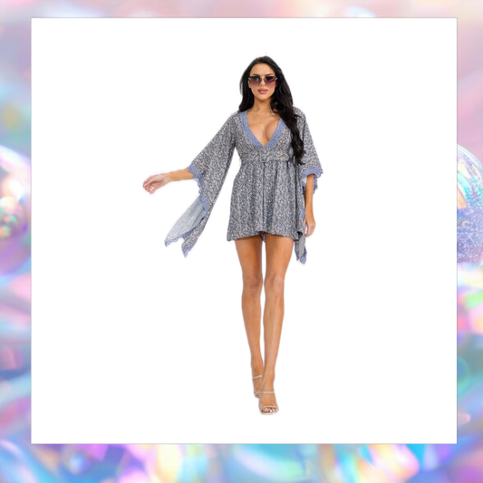 Short Bell Sleeves V-neck Belted Floral Romper