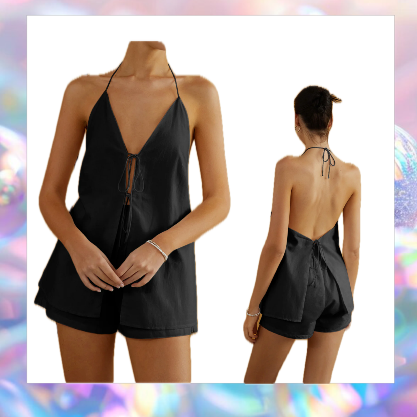 Cotton & Linen Backless Halter Top With Shorts Set-Commense