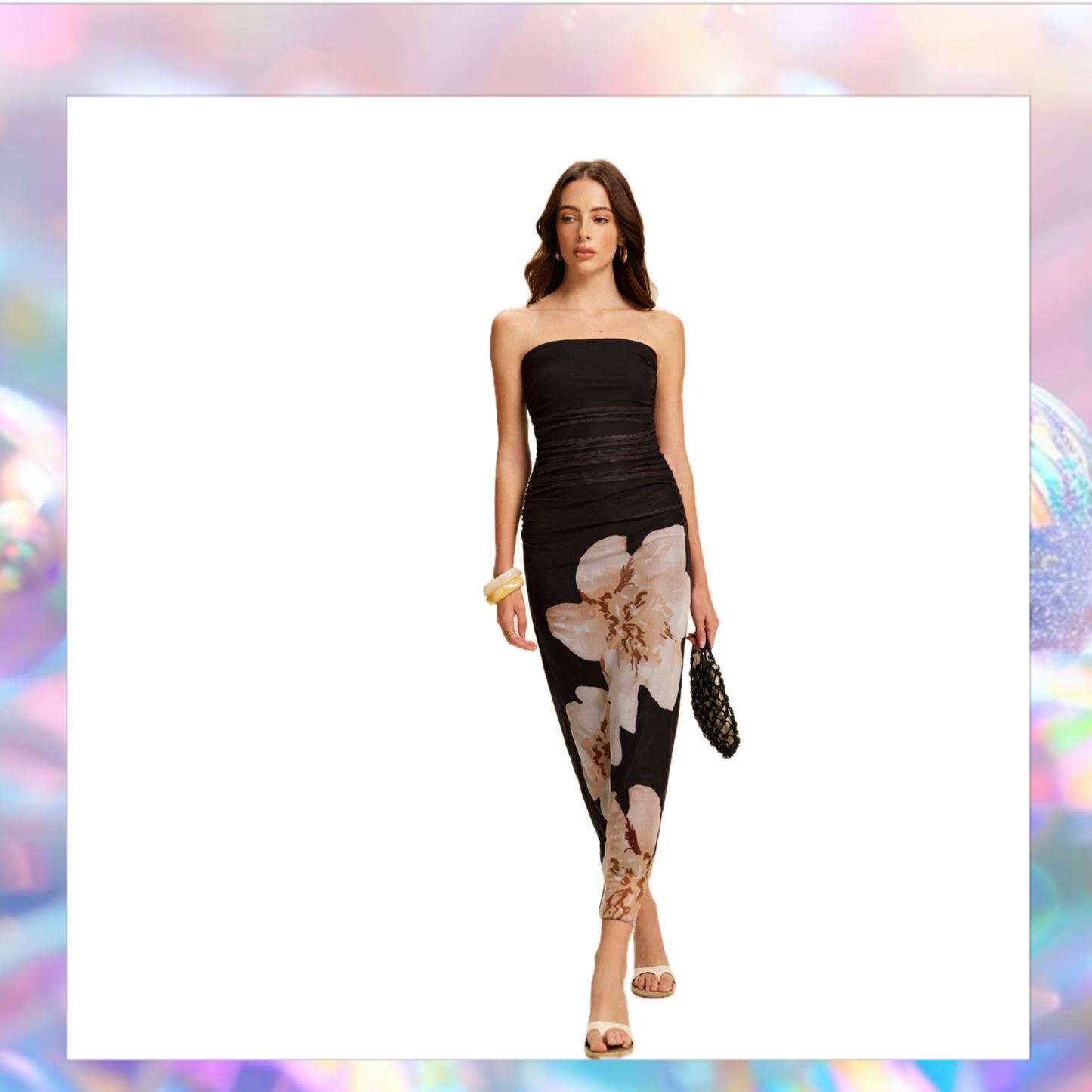 Semi-Sheer Strapless Ruched Floral Mesh Dress - Commense