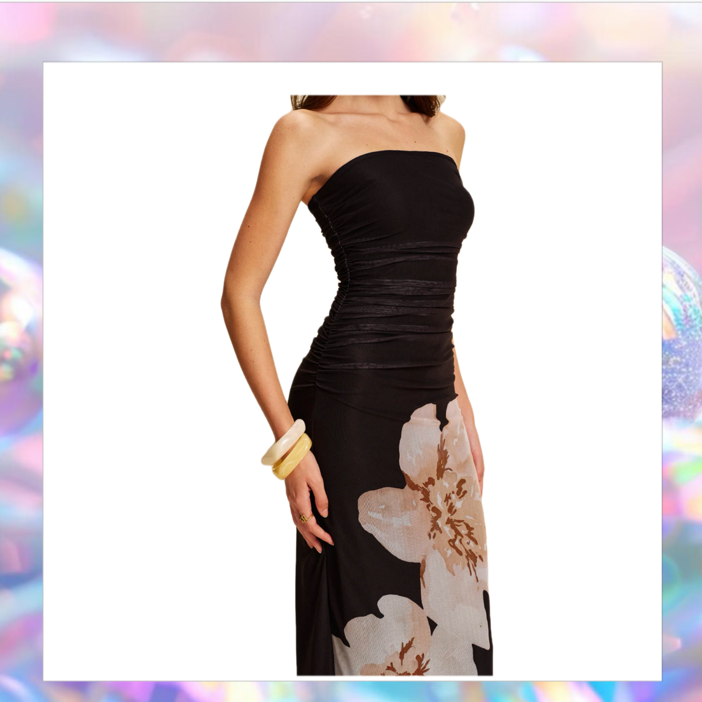 Semi-Sheer Strapless Ruched Floral Mesh Dress - Commense