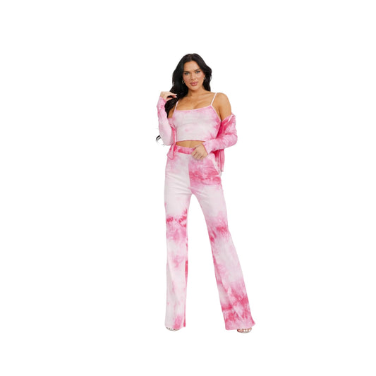 Rosevelvet Women’s Tie Dye Set With Long Sleeve Cardigan, Crop Top & Wide Leg Pants