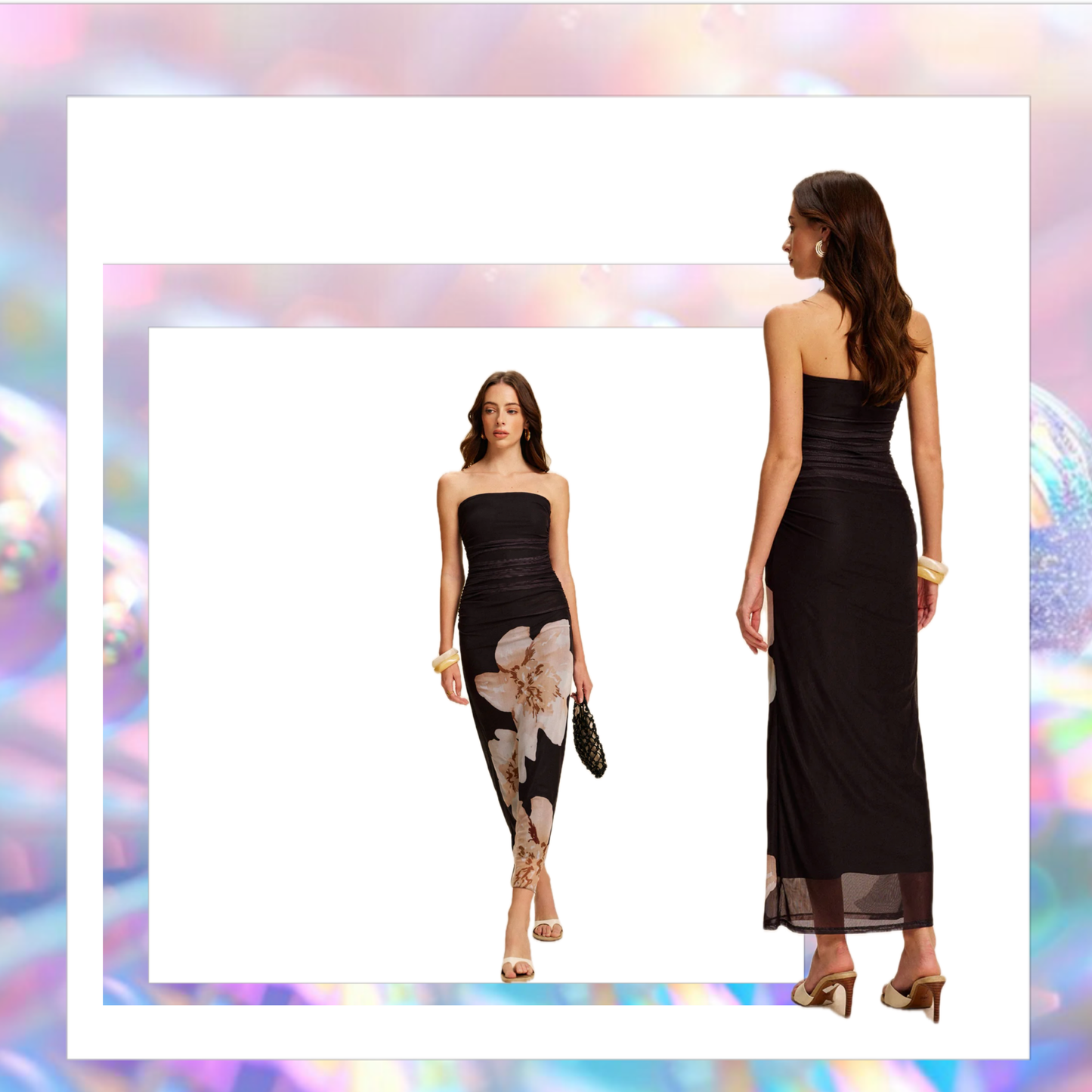 Semi-Sheer Strapless Ruched Floral Mesh Dress - Commense