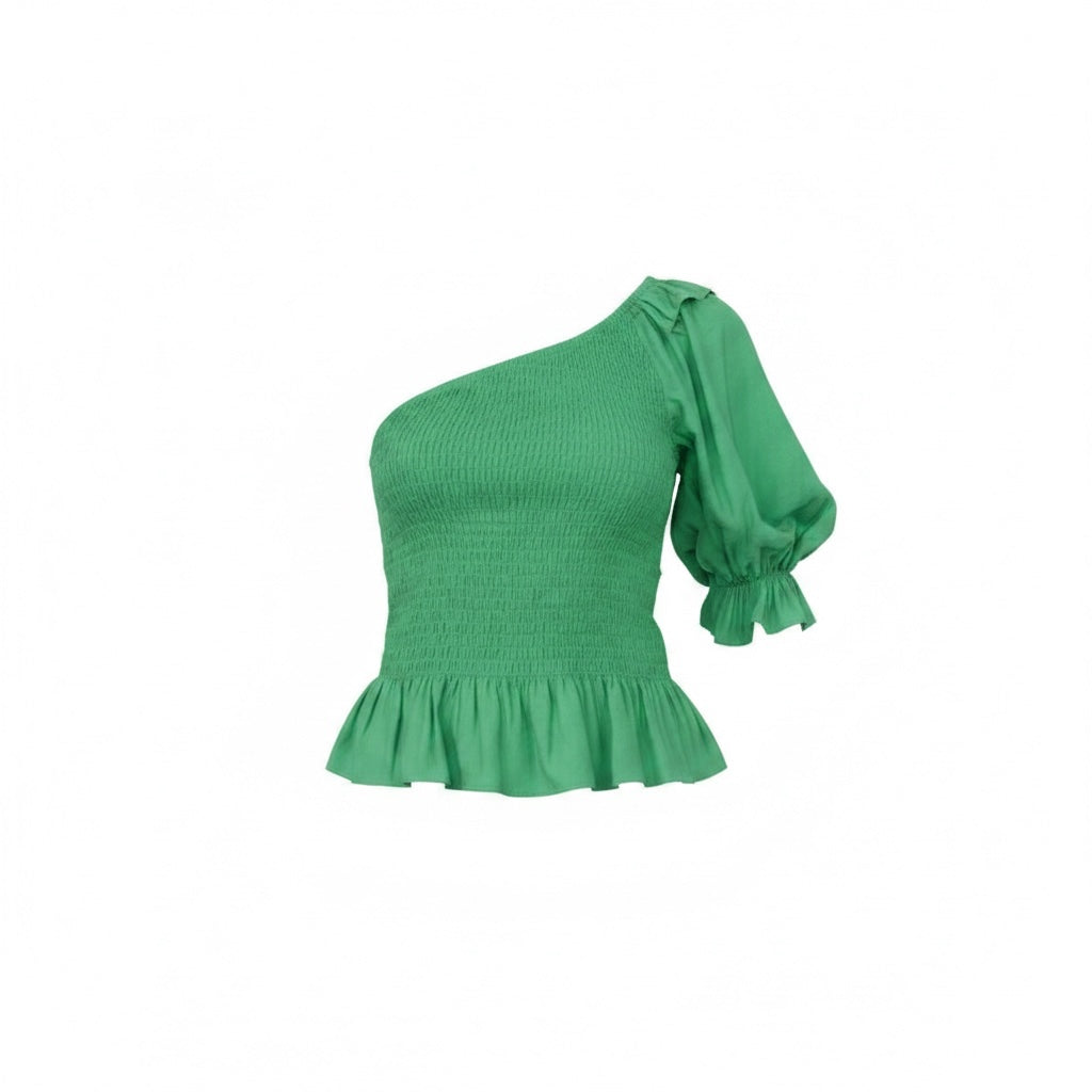 Vine & Love-WOMEN'S ONE SHOULDER SMOCK RUFFLE PEPLUM TOP