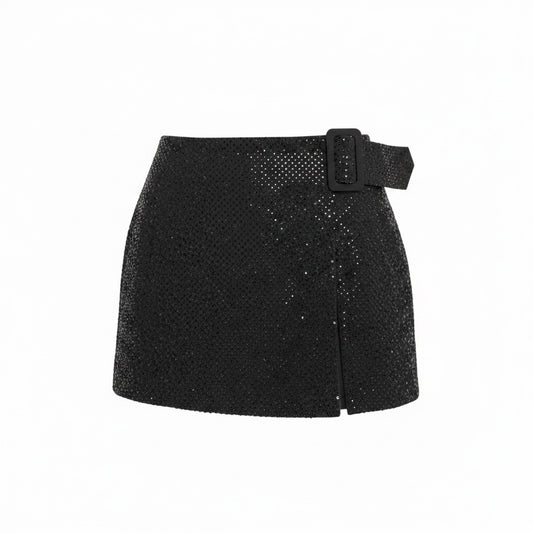 MESHKI Sacha Diamante Mini Skirt with Split – Black