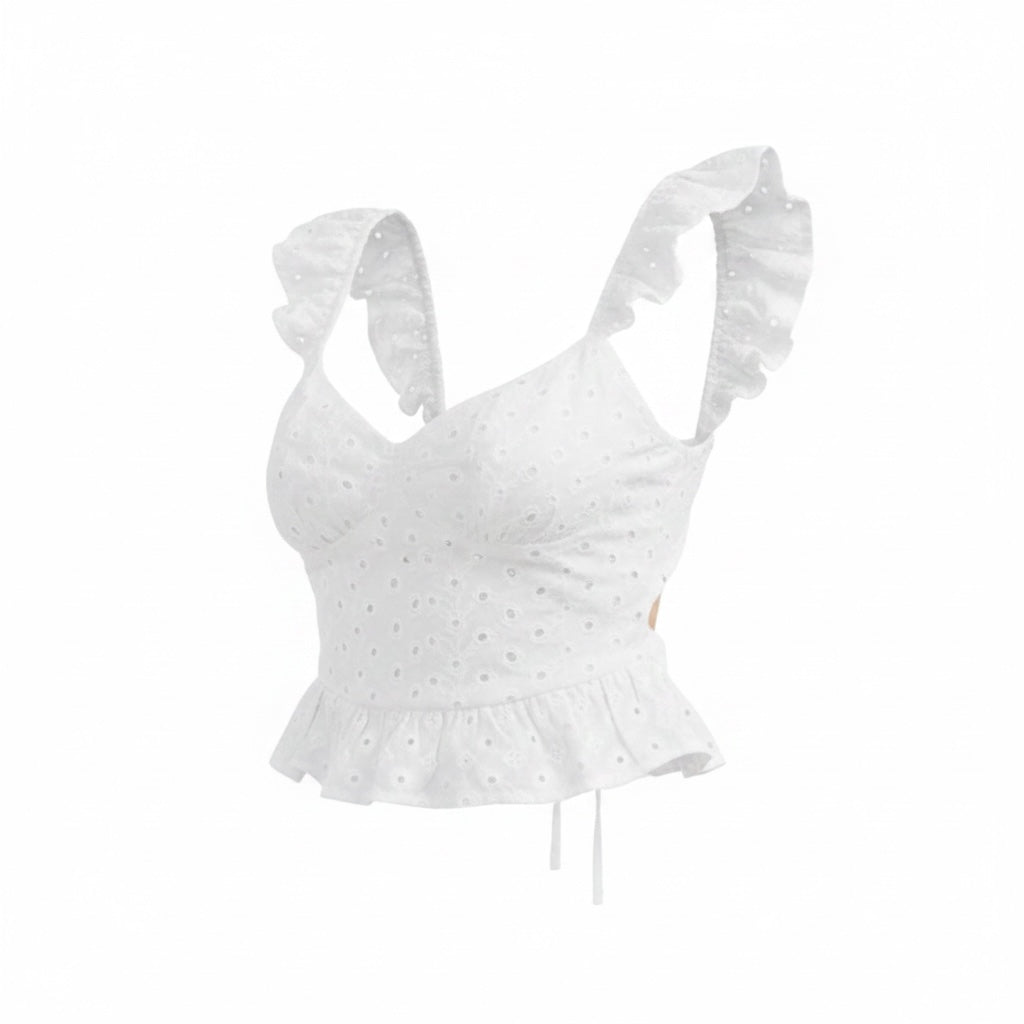 LILOU-WOMEN'S SLEEVELESS OPEN BACK EYELT PEPLUM TANK TOP