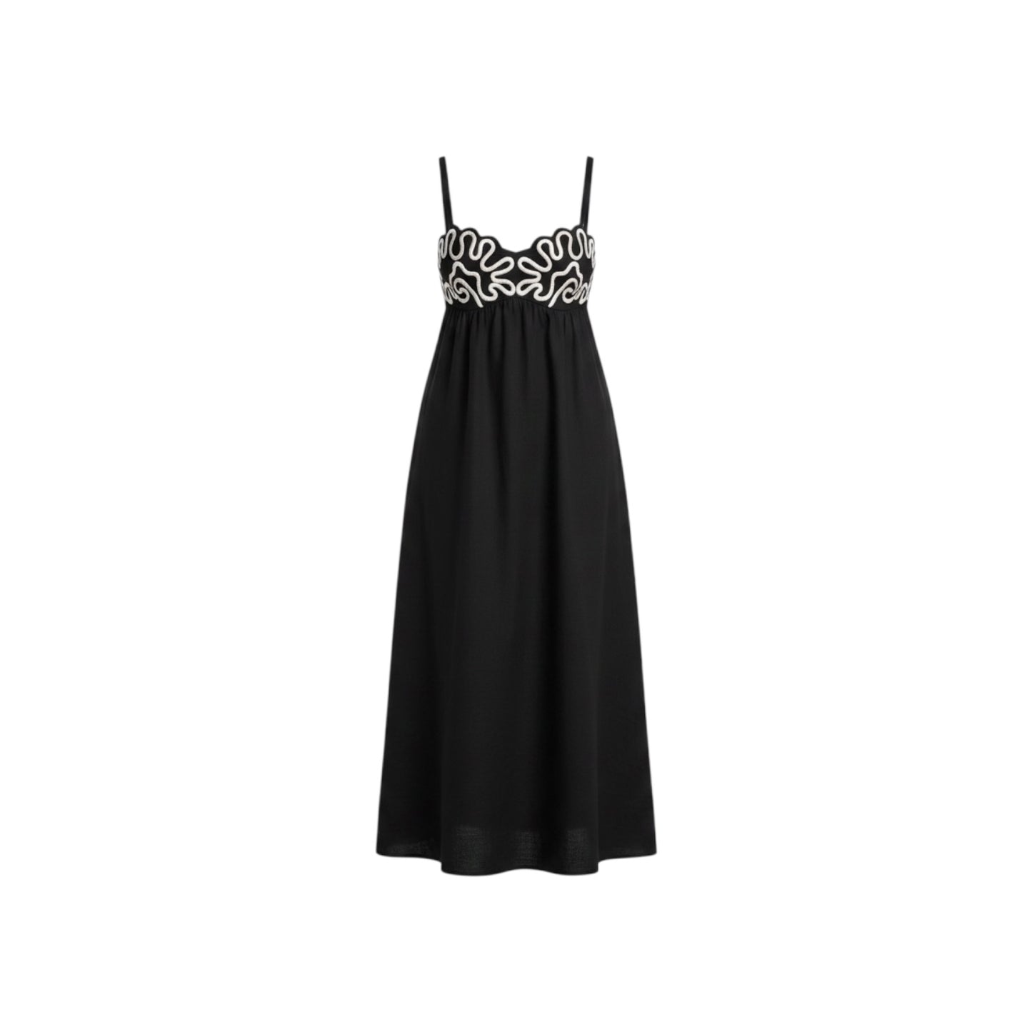 Commense Black Embroidered Shirred Spaghetti Strap Long Dress