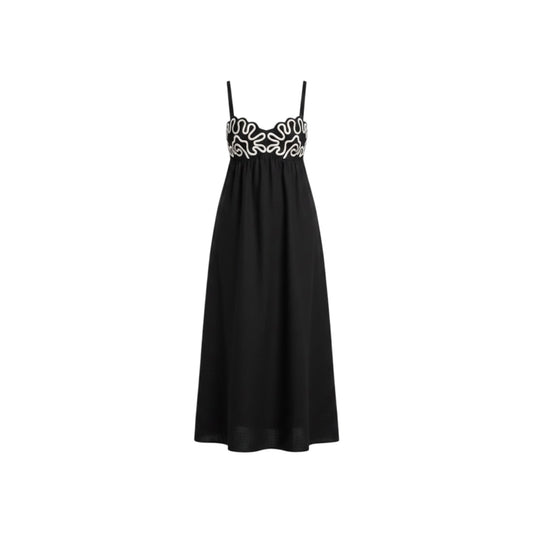 Commense Black Embroidered Shirred Spaghetti Strap Long Dress