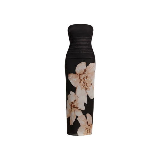 Semi-Sheer Strapless Ruched Floral Mesh Dress - Commense